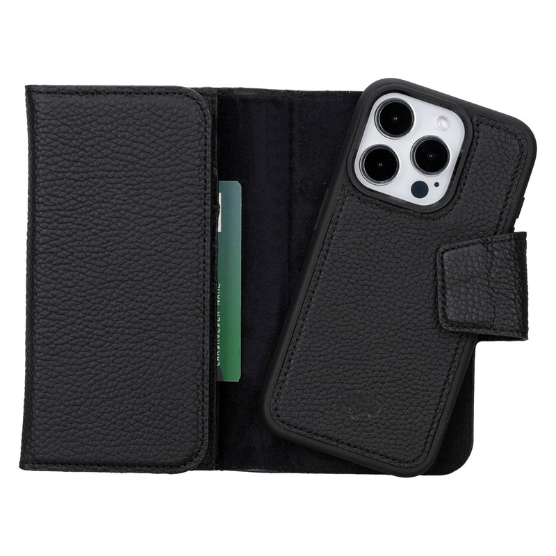 iPhone 15 Pro Leather Wallet Case - Tudor 2 - in - 1 Tri - Fold Folio, Pebble Black - BlackBrook Case